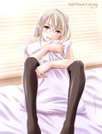  2006 aizawa_kotarou bed black_legwear blonde_hair blue_eyes half_pixels_carving nude original pillow pillow_hug runa_(aizawa_kotarou) sitting solo thighhighs 