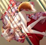  animal_ears barefoot blonde_hair copyright_request fox_ears japanese_clothes kimono long_hair nude red_eyes solo tail yamamoto_nori 