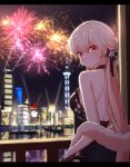  1girl aerial_fireworks back backless_dress backless_outfit backlighting bangs bare_shoulders black_dress black_ribbon blonde_hair blurry blurry_background blush breasts building city city_lights cityscape closed_mouth commentary_request cowboy_shot depth_of_field dress fireworks from_behind frown fur_collar girls_frontline hair_between_eyes hair_ribbon halter_dress halterneck highres letterboxed long_hair looking_at_viewer looking_back medium_breasts narynn night night_sky orange_eyes ots-14_(girls_frontline) railing ribbon shoulder_blades sidelocks sky skyscraper solo spotlight standing tower twitter_username v-shaped_eyebrows very_long_hair 