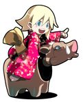  blonde_hair blue_eyes blush_stickers boar character_request copyright_request japanese_clothes kei_(keigarou) kimono long_sleeves lowres new_year open_mouth pointing riding simple_background solo white_background 
