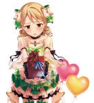  1girl black_gloves blush bow box brooch brown_eyes chocolate commentary_request dress drill_hair frown garter_straps gift gift_box gloves green_bow green_dress green_legwear green_skirt hair_bow heart_balloon idol idolmaster idolmaster_cinderella_girls incoming_gift jewelry layered_skirt light_brown_hair looking_down medium_hair morikubo_nono okeno_kamoku partial_commentary plaid plaid_bow plaid_skirt pov puffy_sleeves reaching_out ringlets see-through see-through_sleeves skirt solo standing tied_sleeves valentine white_background 