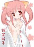 animal_ears breasts cat_ears collarbone copyright_request japanese_clothes long_sleeves miko navel new_year nipples open_clothes open_robe pink_hair red_eyes robe shiratama_yomogi short_hair small_breasts smile solo 