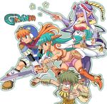  2girls blue_eyes boots breasts cleavage feena_(grandia) grandia grandia_i green_eyes green_hair hat justin_(grandia) knife large_breasts layered_sleeves liete_(grandia) long_hair low-tied_long_hair magic medium_breasts midriff multiple_boys multiple_girls purple_hair rapp_(grandia) sasago_kaze sword thighhighs weapon whip white_background 