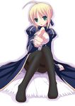  ahoge aikawa_touma artoria_pendragon_(all) blonde_hair fate/stay_night fate_(series) foreshortening green_eyes long_sleeves pantyhose pointing ribbon saber solo 