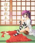  botan_(clannad) clannad japanese_clothes kimono little_busters! long_sleeves new_year saigusa_haruka samuraiguchi solo striped striped_legwear thighhighs undressing 