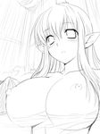  bangs blush breasts fang greyscale hima huge_breasts long_hair momotarou_densetsu monochrome nipples open_mouth pointy_ears solo topless upper_body yasha 