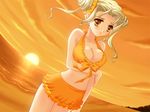  beach bikini blonde_hair blush breasts cleavage dutch_angle frilled_bikini frills front-tie_top game_cg hair_up kanami_(quilt) large_breasts midriff nishiwaki_yuuri quilt_(game) skirt solo sunset swimsuit twintails water yellow_eyes 