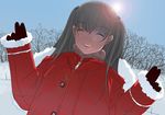  backlighting bangs bare_tree black_gloves black_hair blush closed_eyes coat day facing_viewer fur_trim gloves kiriman_(souldeep) leaning_to_the_side lens_flare long_hair long_sleeves open_mouth original outdoors red_coat sky smile solo sun tree turtleneck two_side_up upper_body winter winter_clothes 