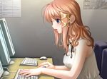  :o blue_eyes blush breasts chair computer covered_nipples desk dress game_cg keyboard_(computer) large_breasts lipstick long_hair makeup monitor mouse_(computer) nagaregawa_kohane open_mouth orange_hair playing_games ribbon sano_toshihide shichinin_no_online_gamers sitting sleeveless solo sundress surprised upper_body wavy_hair 