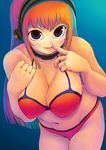  baek_changpo bikini blue_eyes breasts cameltoe choker cleavage curvy headphones large_breasts leaning_forward long_hair orange_hair senkou_no_ronde smile solo swimsuit 