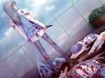  black_eyes black_hair blood blue_hair bow_(weapon) cross_channel crossbow dutch_angle game_cg hasekura_youko knife long_hair lowres matsuryuu rooftop school school_uniform solo_focus spoilers thighhighs weapon 