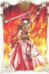  90s armor armored_dress braid clamp cover cover_page fire long_hair magic_knight_rayearth midriff official_art red red_background red_eyes red_hair ribbon shidou_hikaru single_braid solo sun_(symbol) sword weapon 