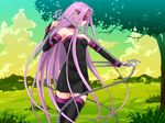  chain dress elbow_gloves fate/hollow_ataraxia fate/stay_night fate_(series) game_cg gloves long_hair nameless_dagger purple_hair rider solo strapless strapless_dress takayama_kisai thighhighs very_long_hair 