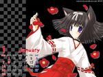  2007 animal_ears black_background black_hair calendar_(medium) camellia cat_ears checkered checkered_background choker closed_mouth copyright_request expressionless flower hair_ribbon hakama highres january japanese_clothes long_sleeves miko nekoneko petals purple_eyes red_hakama ribbon ribbon-trimmed_sleeves ribbon_trim solo white_ribbon 