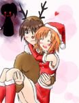  2girls animal_costume antlers armpits artist_request bad_anatomy blood blue_eyes blush brown_hair carrying christmas closed_eyes couple elbow_gloves evil_grin evil_smile gloves grin hat heart hetero higurashi_no_naku_koro_ni jealous knife lowres maebara_keiichi multiple_girls open_mouth orange_hair princess_carry red_gloves reindeer_costume ryuuguu_rena santa_costume santa_hat shadow short_hair smile socks sonozaki_mion standing tears yandere 