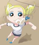  artist_request beige_background blue_eyes buruma drill_hair full_body goutokuji_miyako gym_uniform jumping lowres mouth_hold oekaki powerpuff_girls_z rolling_bubbles shirt short_sleeves simple_background solo sportswear twin_drills twintails white_shirt 