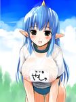  blue_hair blush breast_squeeze breasts buruma covered_nipples elf fangs gym_uniform hima horn huge_breasts momotarou_densetsu nipples pointy_ears see-through shirt solo wet wet_clothes wet_shirt yasha 