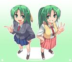  character_name green_eyes green_hair half_updo haruno_shuu higurashi_no_naku_koro_ni long_sleeves multiple_girls ponytail school_uniform siblings sisters sonozaki_mion sonozaki_shion twins 