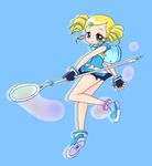  ankleband artist_request belt blonde_hair blue_background blue_eyes bubble bubble_wand drill_hair fingerless_gloves full_body gloves goutokuji_miyako hair_ornament looking_at_viewer lowres oekaki powerpuff_girls_z rolling_bubbles shoes short_sleeves skirt smile solo standing twin_drills vest wristband 