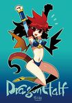  2006 aqua_background armor blue_bra blue_panties boots bra copyright_name dragon_girl dragon_half dragon_horns dragon_tail dragon_wings hamamoto_ryuusuke horns jumping knee_boots lingerie mink_(dragon_half) panties red_eyes red_hair smile solo tail underwear underwear_only wings 