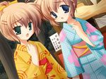  2girls blue_eyes brown_hair festival floral_print game_cg green_eyes hair_ornament hairclip hajimete_no_orusuban hajimete_no_otetsudai hand_on_own_chest head_out_of_frame holding_hands japanese_clothes kimono long_hair long_sleeves mizuki_saori mizuki_shiori multiple_girls obi open_mouth ponytail ribbon sash siblings sin-go sisters twins yukata 