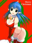  :d bell blue_hair blush breast_squeeze breasts christmas cleavage covered_nipples elbow_gloves fang gloves green_eyes hima horn large_breasts looking_at_viewer momotarou_densetsu open_mouth pointy_ears red_gloves santa_costume smile solo thighhighs yasha 