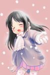  ^_^ ^o^ black_hair blush closed_eyes copyright_request cowboy_shot fang gloves hima long_hair long_sleeves outstretched_arm polka_dot polka_dot_legwear scarf skirt snowing solo white_gloves white_scarf 
