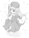  breath coat face fate/stay_night fate_(series) greyscale hands hat illyasviel_von_einzbern long_sleeves mittens monochrome open_mouth outstretched_arms scarf smile snow snowing solo yamaguchi_homupe 