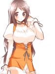  :o arm_up blush bodysuit breasts brown_eyes brown_hair choker cleavage collarbone corset final_fantasy final_fantasy_ix garnet_til_alexandros_xvii hand_in_hair hima large_breasts long_hair long_sleeves looking_at_viewer open_mouth orange_bodysuit parted_lips simple_background solo underbust white_background 