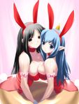  animal_ears blue_eyes blue_hair breast_press breasts bunny_ears bunnysuit collar demon_girl hima horn huge_breasts momotarou_densetsu multiple_girls oni pantyhose pointy_ears symmetrical_docking yasha 