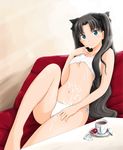  black_hair blue_eyes blush bow breasts cream fate/stay_night fate_(series) long_hair long_legs lying panties ribbon ryp see-through sexually_suggestive side-tie_panties small_breasts solo suggestive_fluid tank_top toosaka_rin translated two_side_up underwear underwear_only white_panties 