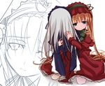  blonde_hair comforting hug kneeling long_sleeves multiple_girls rozen_maiden shinku suigintou tatsukichi tears 