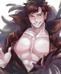  1boy abs belial_(granblue_fantasy) black_hair feather_boa granblue_fantasy grin highres male_focus pectorals popped_collar red_eyes simple_background smile solo sweat white_background 