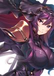  1girl bodysuit breasts cleavage cosplay dual_wielding fate/grand_order fate_(series) female_admiral_(kantai_collection) gae_bolg hiememiko holding large_breasts latex light_smile long_hair nose parted_lips pauldrons polearm purple_eyes purple_hair scathach_(fate)_(all) scathach_(fate/grand_order) scathach_(fate/grand_order)_(cosplay) solo spear veil weapon white_background 