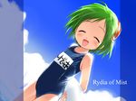  character_name cloud day final_fantasy final_fantasy_iv green_hair hair_ornament hima innertube name_tag one-piece_swimsuit rydia school_swimsuit sky smile solo swimsuit younger 