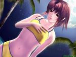  3d :d artist_request bikini blush brown_eyes brown_hair flat_chest full_moon lipstick makeup moon navel night night_sky open_mouth outdoors palm_tree ponytail sexy_beach sexy_beach_2 sky smile solo standing swimsuit tree uesugi_reona wallpaper water watermark wet 