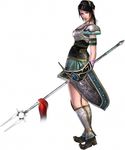 artist_request black_hair brown_eyes closed_mouth dress expressionless faulds full_body green_dress looking_at_viewer lowres polearm shin_sangoku_musou shoulder_armor shoulder_pads simple_background solo spaulders staff standing trident weapon white_background xing_cai 