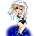  :o black_school_swimsuit blonde_hair blush fang fujitaka_(akasora) higurashi_no_naku_koro_ni houjou_satoko one-piece_swimsuit pink_eyes school_swimsuit short_hair solo swimsuit towel towel_on_head wading water wet 