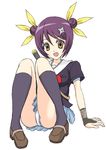  arm_support betanya bridal_gauntlets double_bun fishnets hair_ribbon himawari! hinata_himawari kneehighs leaning_back ninja orange_eyes panties pantyshot pantyshot_(sitting) purple_hair purple_legwear ribbon sheath short_hair shuriken sitting skirt socks solo underwear white_panties 