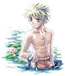  aqua_eyes blonde_hair border collarbone crystal day expressionless fading_border flower forehead_protector hand_up holding jewelry ketaro konohagakure_symbol lily_(flower) lily_pad looking_to_the_side male_focus male_swimwear muscle naruto naruto_(series) navel necklace ninja no_nipples outdoors ripples shirtless simple_background solo spiked_hair swim_trunks swimwear uzumaki_naruto wading water whisker_markings white_background 
