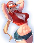  1girl abs armpits arms_behind_head baseball_cap blonde_hair blue_eyes breasts commentary_request denim denim_shorts fatal_fury genderswap genderswap_(mtf) gloves hat highres jacket large_breasts long_hair midriff muscle muscular_female navel ogami ponytail shirt shorts sleeveless sleeveless_shirt snk snk_heroines:_tag_team_frenzy solo tank_top terry_bogard the_king_of_fighters thighs vest 