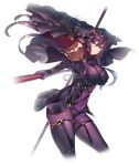  1girl bodysuit breasts cleavage cosplay dual_wielding fate/grand_order fate_(series) female_admiral_(kantai_collection) gae_bolg hiememiko highres holding large_breasts latex light_smile long_hair nose parted_lips pauldrons polearm purple_eyes purple_hair scathach_(fate)_(all) scathach_(fate/grand_order) scathach_(fate/grand_order)_(cosplay) solo spear veil weapon white_background 