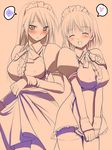  alternate_costume blush breasts closed_eyes embarrassed enmaided faris_scherwiz final_fantasy final_fantasy_v heart hima large_breasts lenna_charlotte_tycoon long_hair maid maid_headdress monochrome multiple_girls short_hair smile spot_color thighhighs tray 
