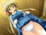  black_panties blonde_hair blue_dress blush bow bow_panties breasts covered_nipples dress dress_lift dutch_angle from_below game_cg green_eyes hair_bow jewelry koimomo large_breasts long_hair long_sleeves necklace nishiki_ayaka panties solo underwear white_panties yamino_kenji 