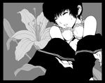  bra copyright_request flower greyscale lingerie monochrome school_uniform short_hair solo sweat tears underwear yasohachi_ryou 