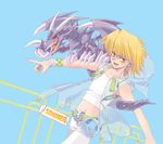  artist_request blonde_hair dragon duel_monster earphones fang jounouchi_katsuya male_focus midriff navel pointing red-eyes_b._dragon red_eyes solo yellow_eyes yuu-gi-ou yuu-gi-ou_duel_monsters 