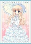  blonde_hair blue_eyes dress flower frills gathers hair_flower hair_ornament hasekura_chiaki lolita_fashion long_hair original ribbon rose smile solo umbrella white_dress 