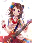  1girl bang_dream! bangs blue_flower brown_hair center_frills commentary_request confetti double-breasted dress electric_guitar esp_guitars flower green_flower grin guitar hair_flower hair_ornament hair_ribbon headset highres iku2727 instrument looking_at_viewer orange_flower plectrum purple_eyes purple_flower red_ribbon ribbon short_hair short_sleeves smile solo star star_hair_ornament toyama_kasumi treble_clef wrist_ribbon 