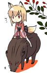  animal_ears blonde_hair boar chibi copyright_request fox_ears fox_tail japanese_clothes kimono leaf long_sleeves lowres masakazu_(yukisetsu) new_year red_eyes riding short_hair solo tail 