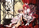  barefoot brown_hair copyright_request dress feet frills gothic gothic_lolita green_hair legs lolita_fashion long_hair long_sleeves multiple_girls red_eyes red_hair ribbon short_hair soles toes twintails yuki_usagi 